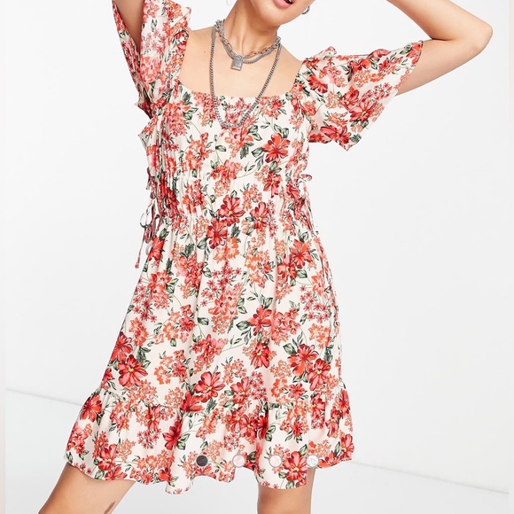 Topshop Dresses & Skirts - Topshop Cream Mini Dress with Coral Floral Print
